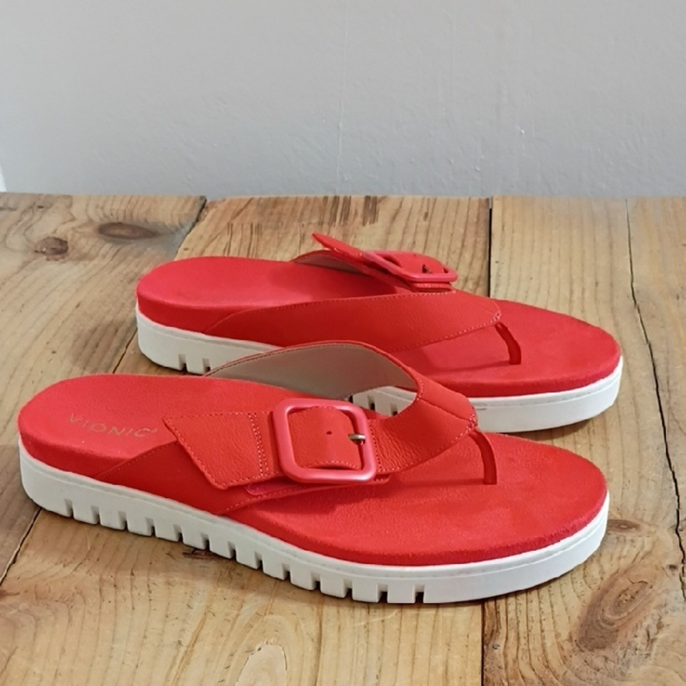 Vionic Uptown Marin Toe Post Sandal Cherry Tomato Nubuck Size 12W